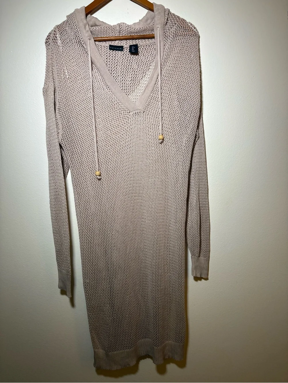 Tahari Beige Open Knit Hooded Sweater Dress L Crochet Beach Cover Up Resort Boho